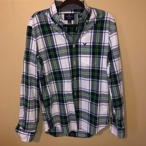 Green & grey plaid American Eagle button up shirt